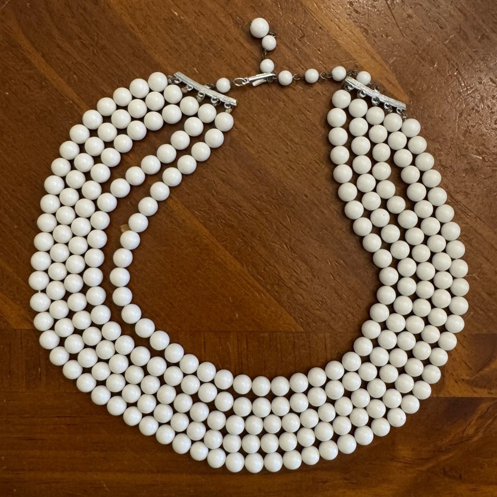 Vintage Japan Five Strand White Lucite Bead Necklace Multi Strand Old Money